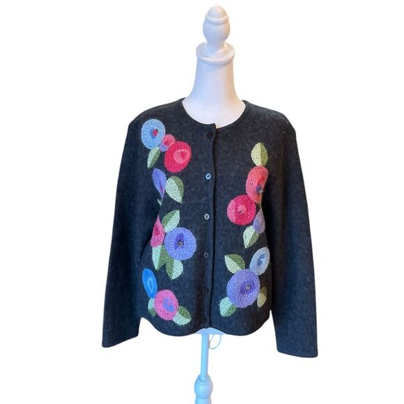 Teddi Embroidered Floral Wool Cardigan Sweater Womens Size Medium Petite - Picture 1 of 9